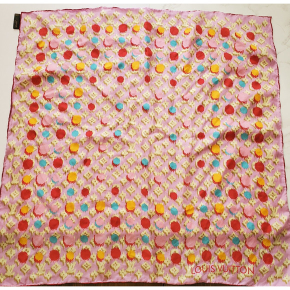 Louis Vuitton Silk Scarf Pink Monogram Ikat Polka Dot Multicolor 25x26" Square - Picture 1 of 10
